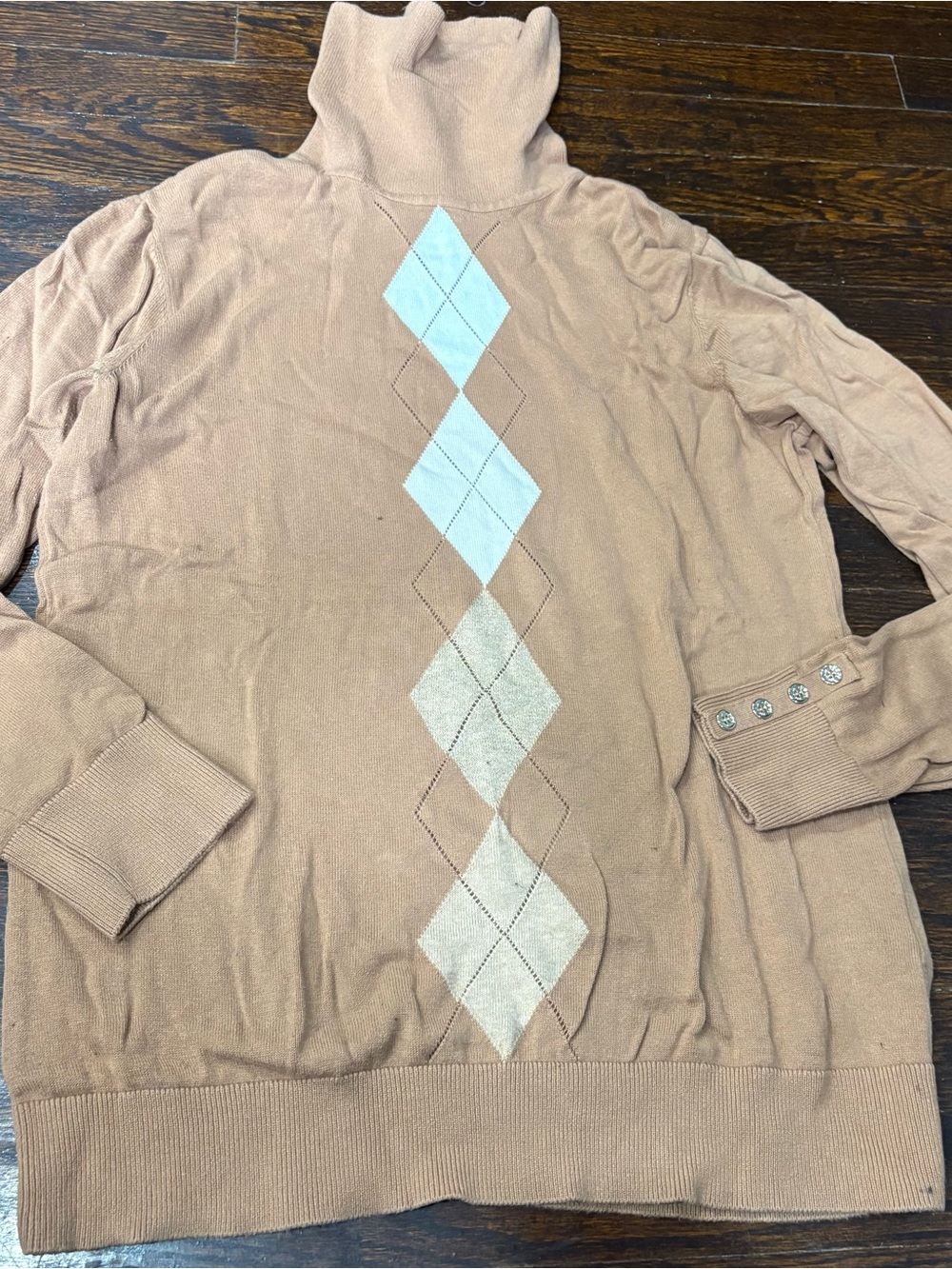Tommy Hilfiger Tan Argyle Turtleneck Sweater with Pearl Buttons